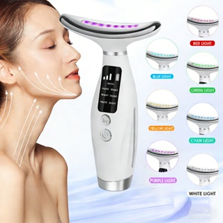 Aparelho de LED Facial e Pescoço 7 Cores Terapia de Luz para Rugas, Levantamento Facial Massagem Vibratória 3 Velocidade em Oferta na Shopee