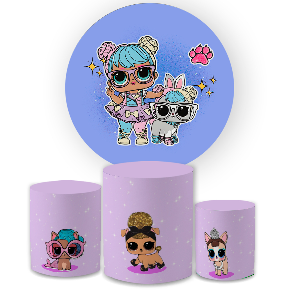 Kit Capa Painel Redondo + Trio Cilindro Decoração Infantil Festa Boneca Fashion L0L Veste Fácil Bibi