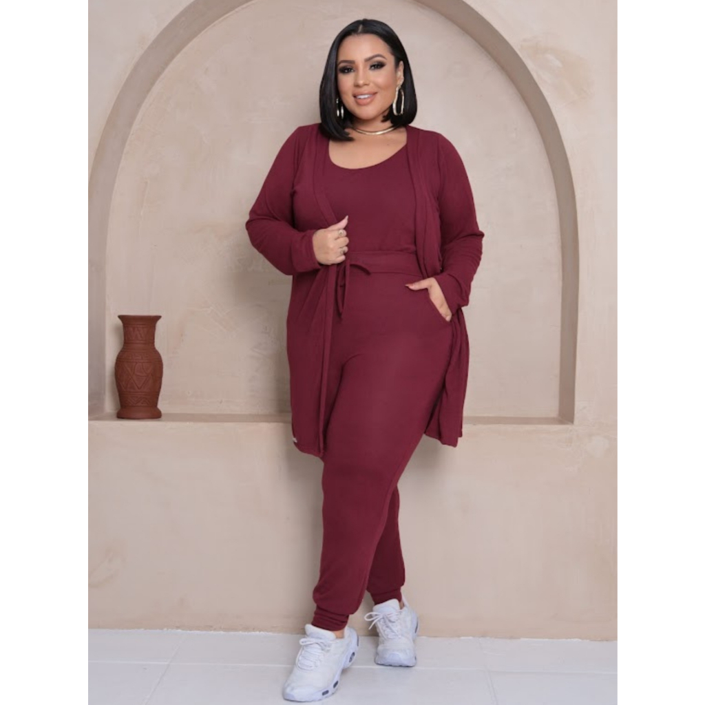 Conjunto Trio Lanzinha Plus Size Feminino Inverno Cardigan, Regata e Calça Jogger Tdc Modas em Oferta na Shopee