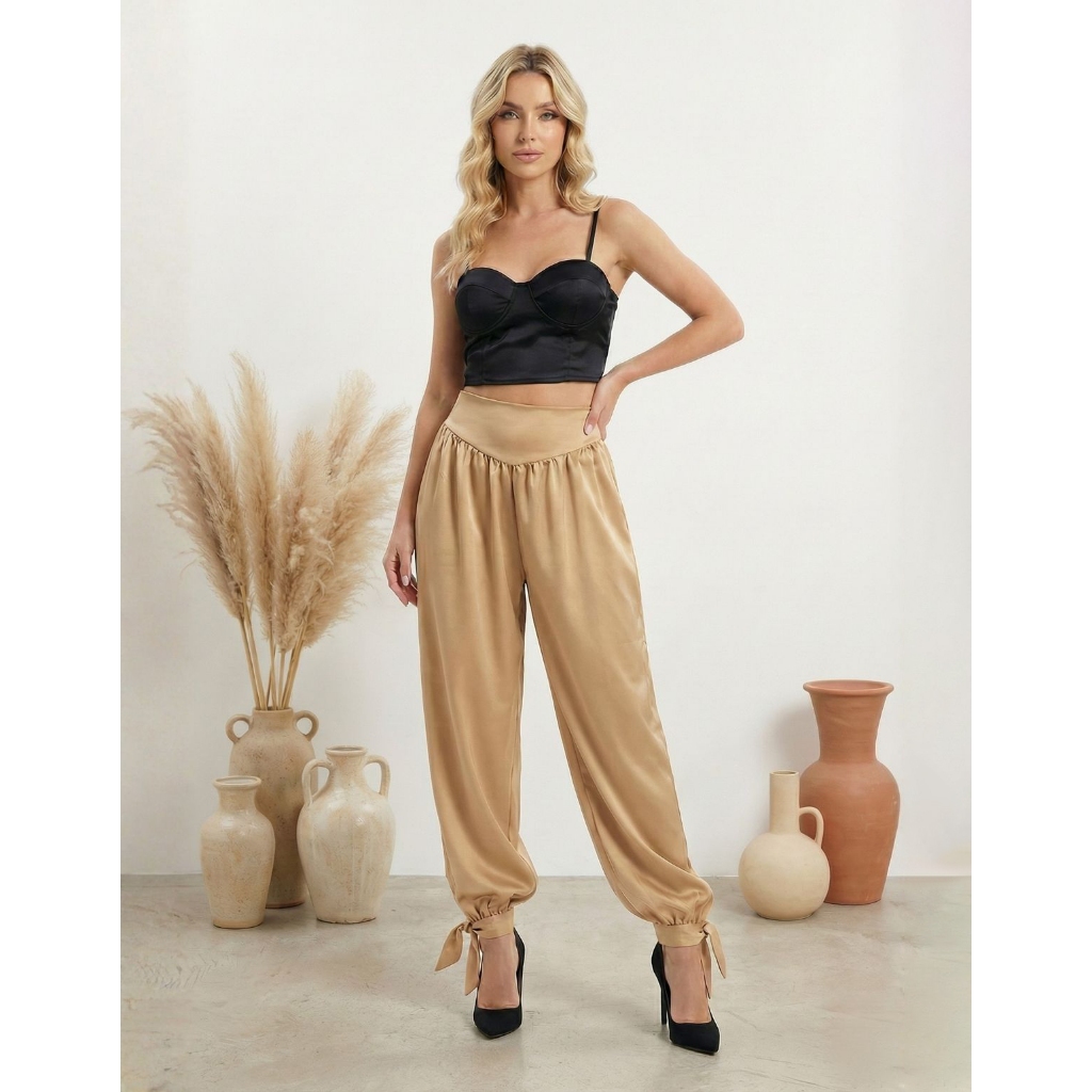 Calça Feminina Aladim Cetim Chiffon Jogger Cintura Alta Tendência Verão em Oferta na Shopee