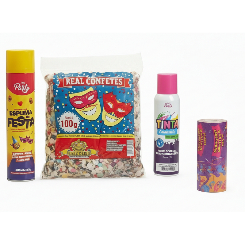 Kit Carnaval Completo Spray Cabelo Colorido, Espuma Alegria, Confete e Serpentina.