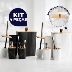 Kit 4 Peças Banheiro Luxo Quadrado Lixeira C/Tampa em Bambu e Puxador de Couro
