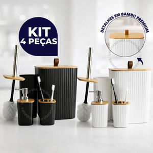 Kit Banheiro Luxo Quadrado – Lixeira C/Tampa Detalhes em Bambu e Puxador de Couro