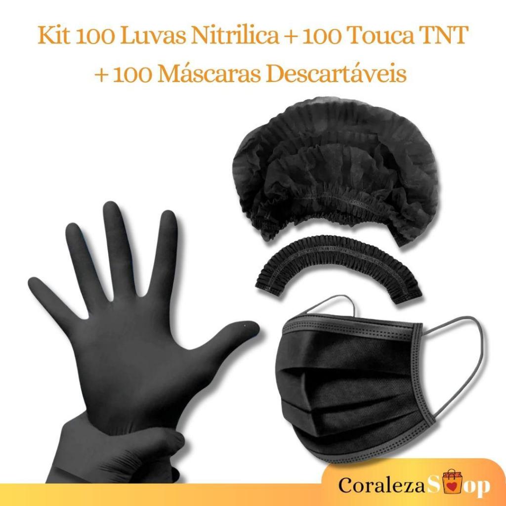Kit 100 Luva Nitrílica Preta +100 Touca TNT + 100 Máscara Tripla Camada Com Clipe Nasal