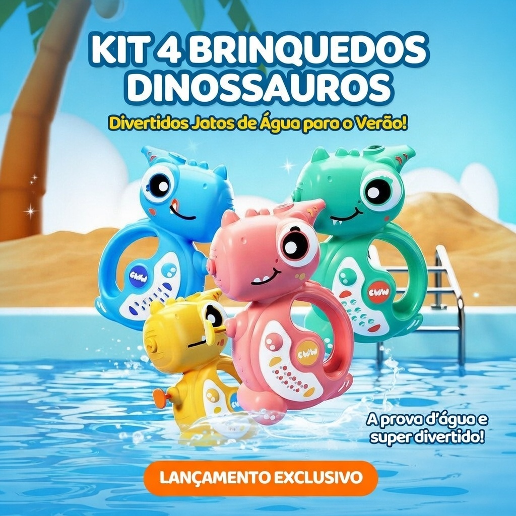 4 Pistola de Água com Apito de Dinossauro Brinquedo P/ Brincadeira na Praia Lançador de Agua