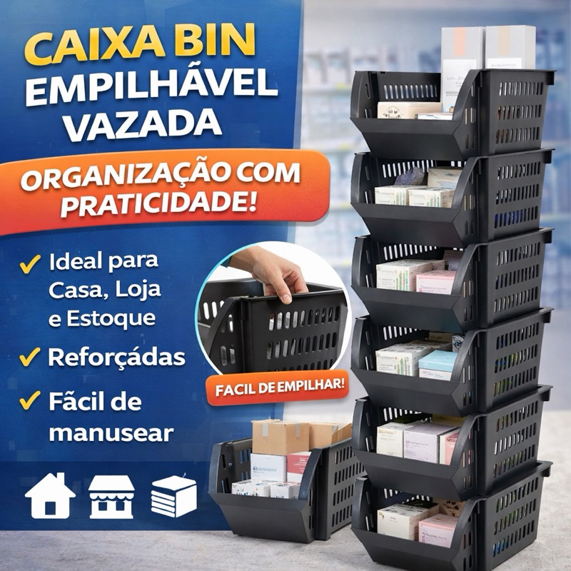 Kit 10/5 Cesto Caixa Empilhavel Bin Expositor Cesto Organizador Plástico ENVIO IMEDIATO