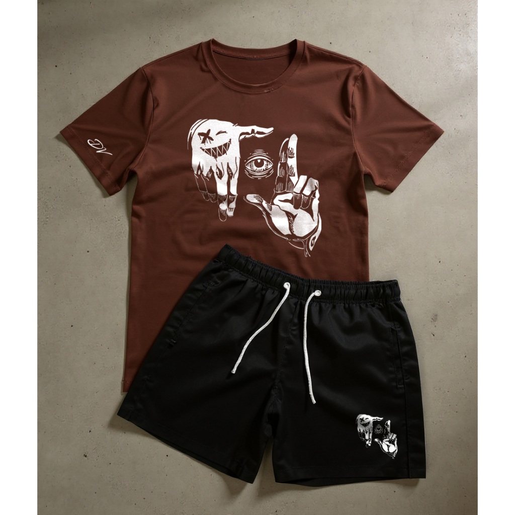 Kit Conjunto Masculino Olhar Smile Camiseta 100% Algodão Bermuda Tactel Plus Size Verão Esporte Academia