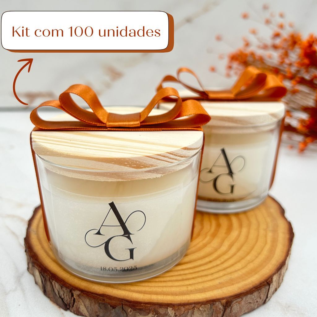 kit 100 Velas Aromática Personalizadas - 100g c/ tampa de madeira Lembrancinha Casamento…