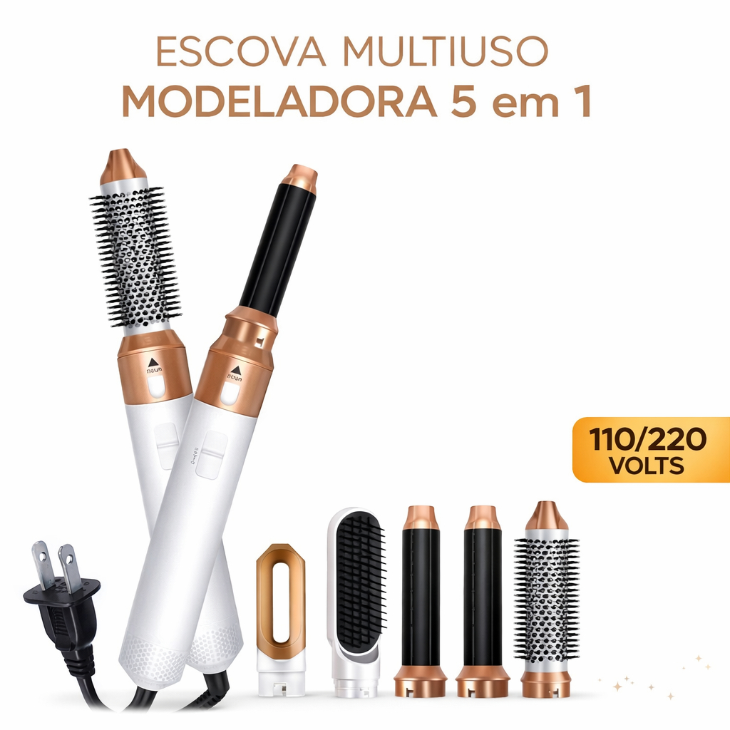 ESCOVA SECADORA 5 EM 110V - 220V BRANCA DOURADA MODELADORA ALISA SECA CACHEIA