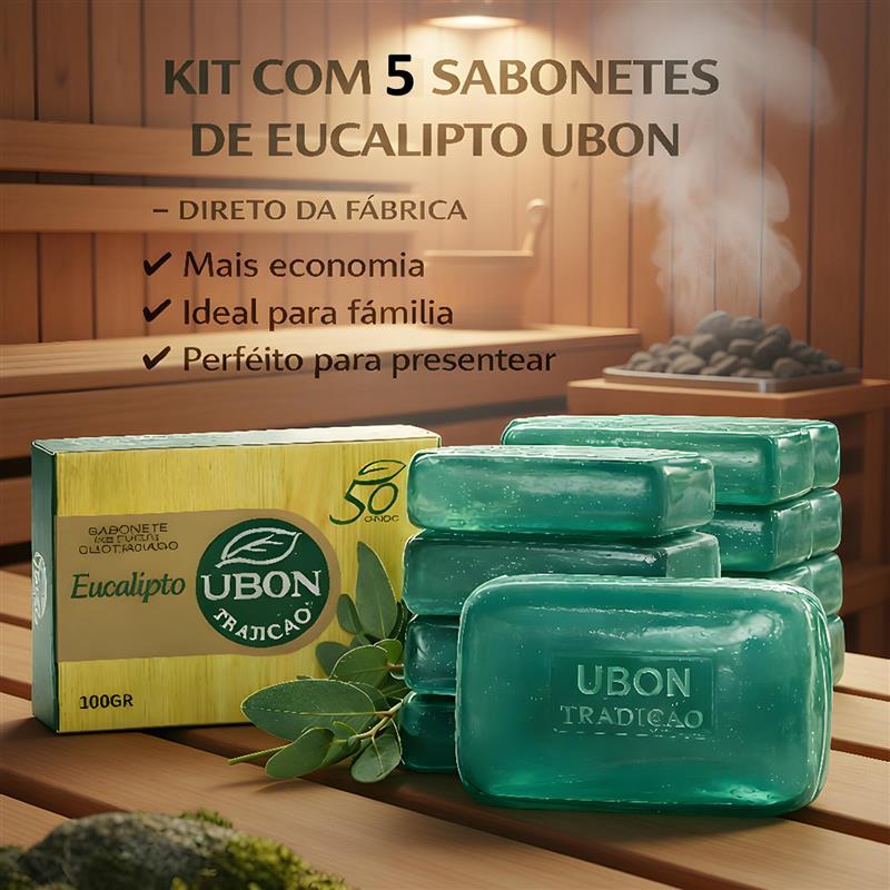 5 Sabonetes Eucalipto Sauna Glicerinados Natural Ubon Barra Suavidade Apos o Banho c/ oleo essencial