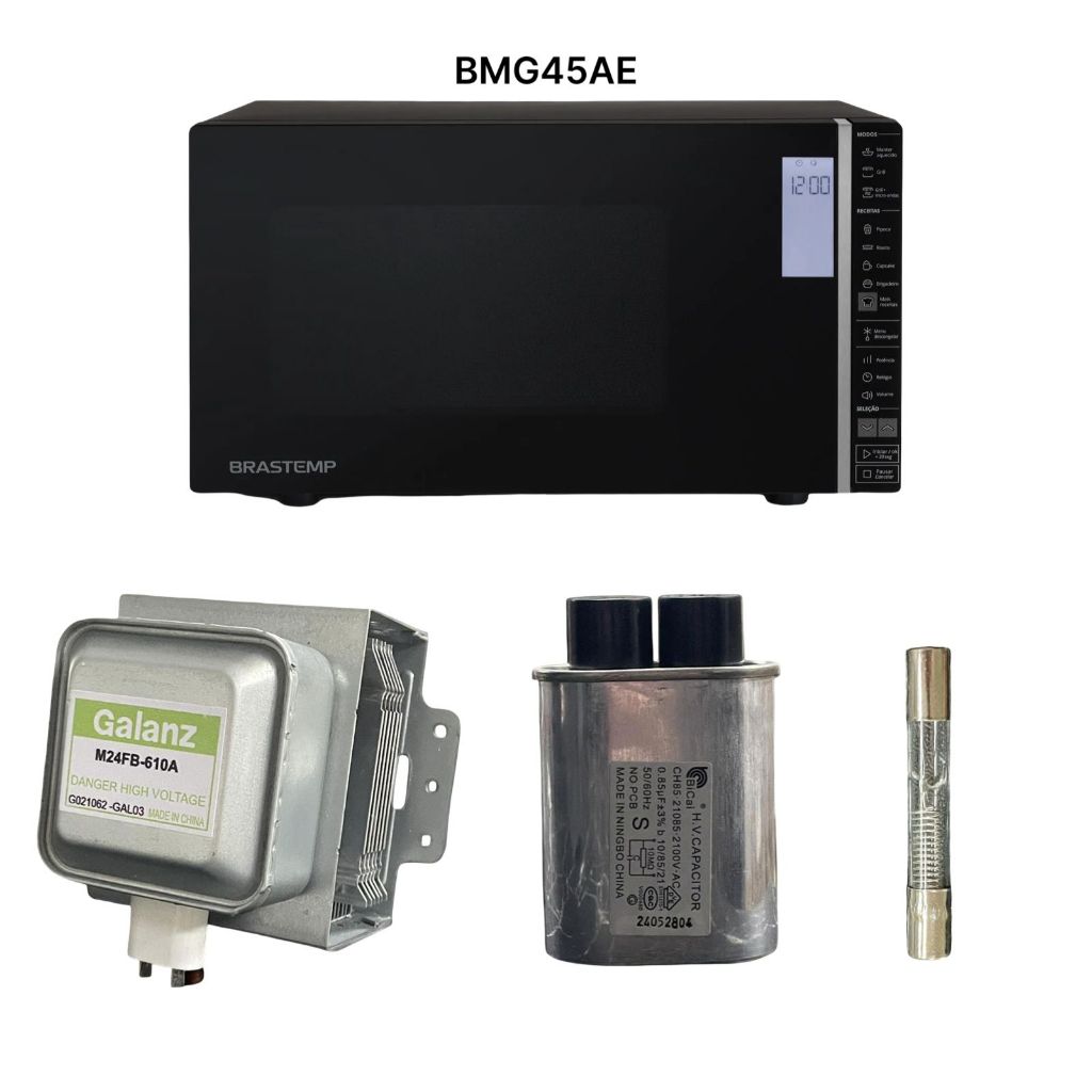 Kit Aquecimento Microondas BMG45AE / BMA30AF / BMF45AB Magnetron 610A + Cap 0,85uf + Fusivel de Vidro 0.8A