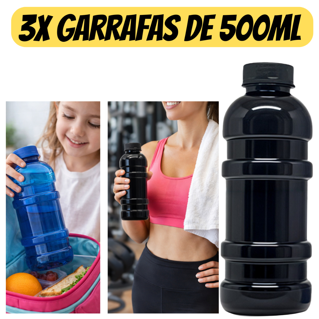 Kit 3x Garrafas  de Água Treino Trabalho Escola 500ml BPAFREE Resistente