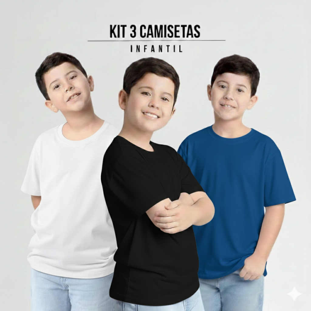 Kit 3 Camisetas Infantis UNISSEX Básicas - Essencial para o Dia a Dia - Cores Sortidas
