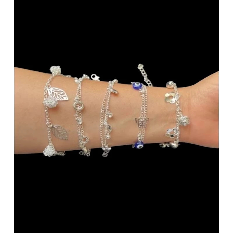 【Kit 6~12 Pulseiras Prata 925 】Kit 3~6 Pulseiras Banhada à Prata 925 - Feminina Sortidos