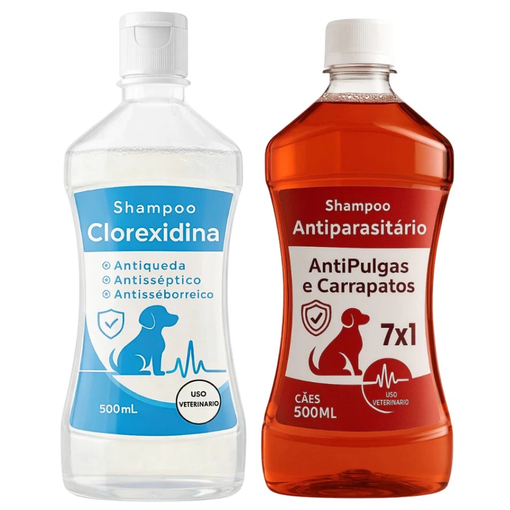 Shampoo Clorexidina e Shampoo Antiparasitário 7 em 1 Cães - 500mL cada