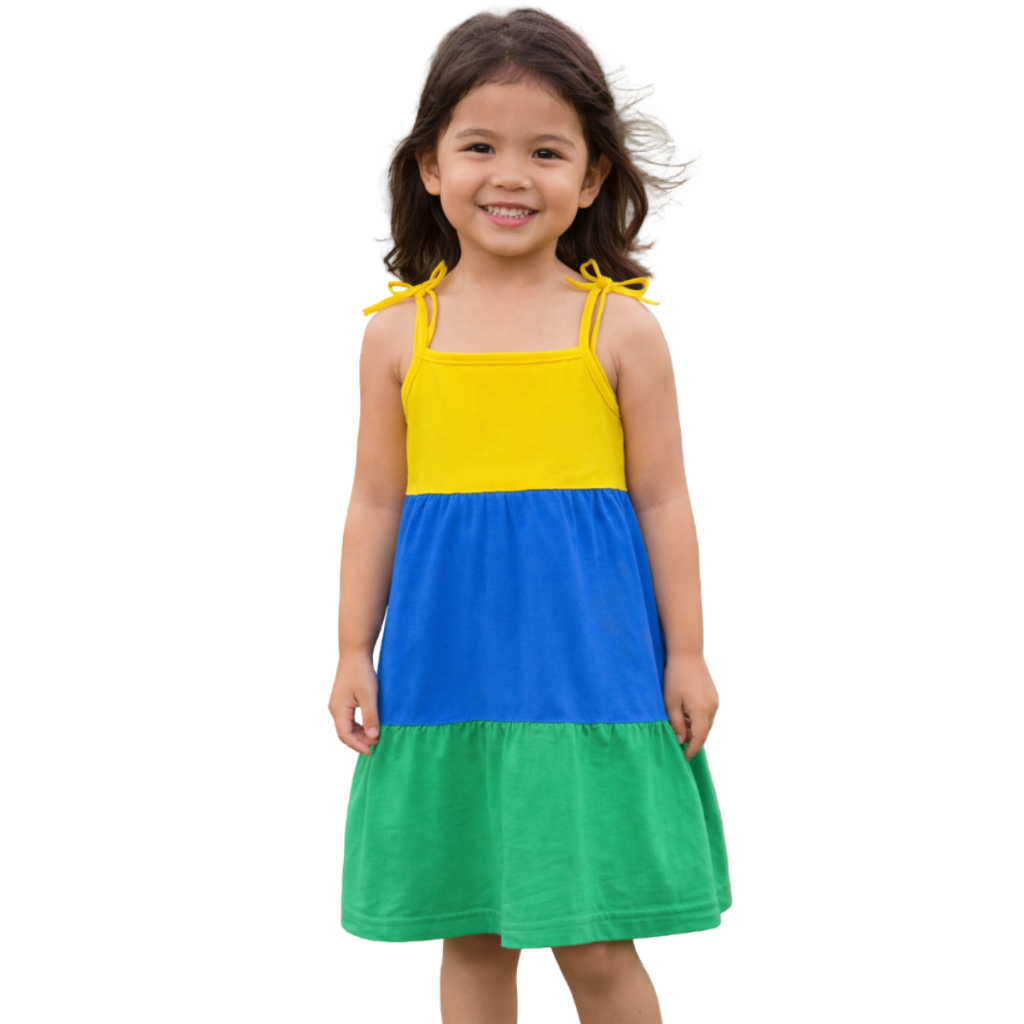Vestido Infantil Alças com Laço Tricolor Amarelo Azul Verde em Oferta na Shopee