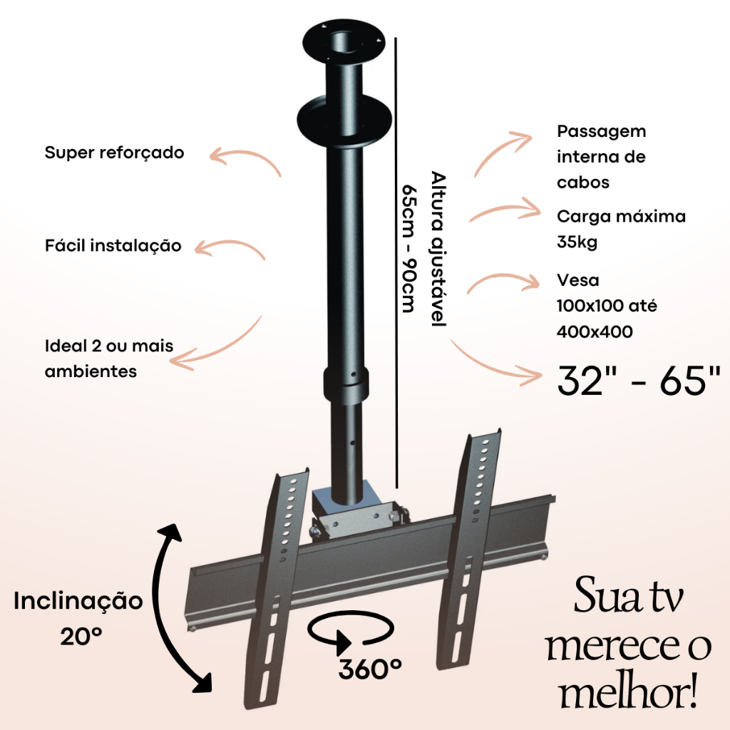 Suporte Tv Até 65 Polegadas Teto Articulado Robusto 360 Graus Monitor Gesso Laje Tela Grande Premium Custo Benefício