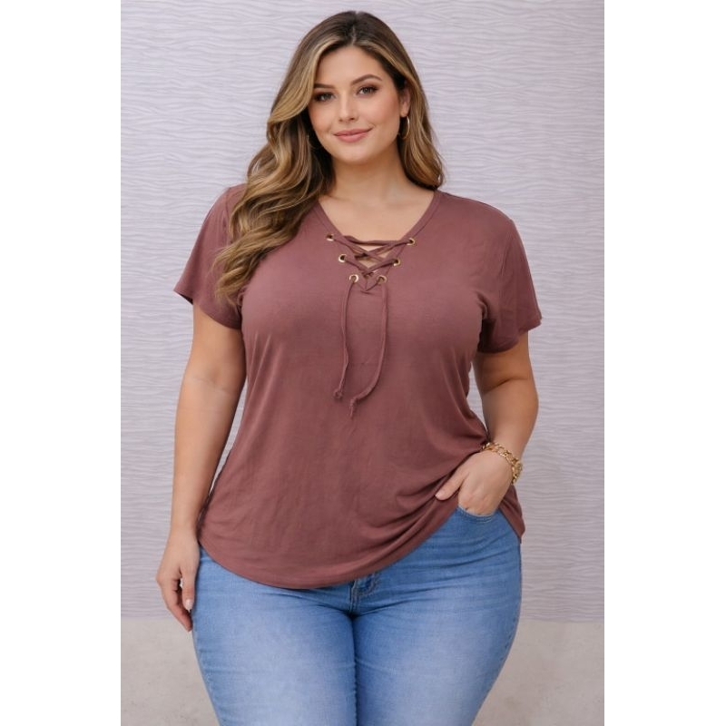Blusa Feminina Plus Size Lisa Soltinha Manga Curta GG decote V em Oferta na Shopee