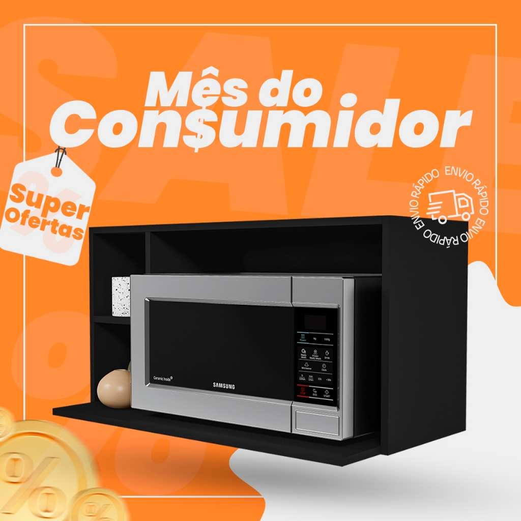 Suporte Microondas Aéreo 81cm com Nicho Adega Miami Preto   - Lumil em Oferta na Shopee