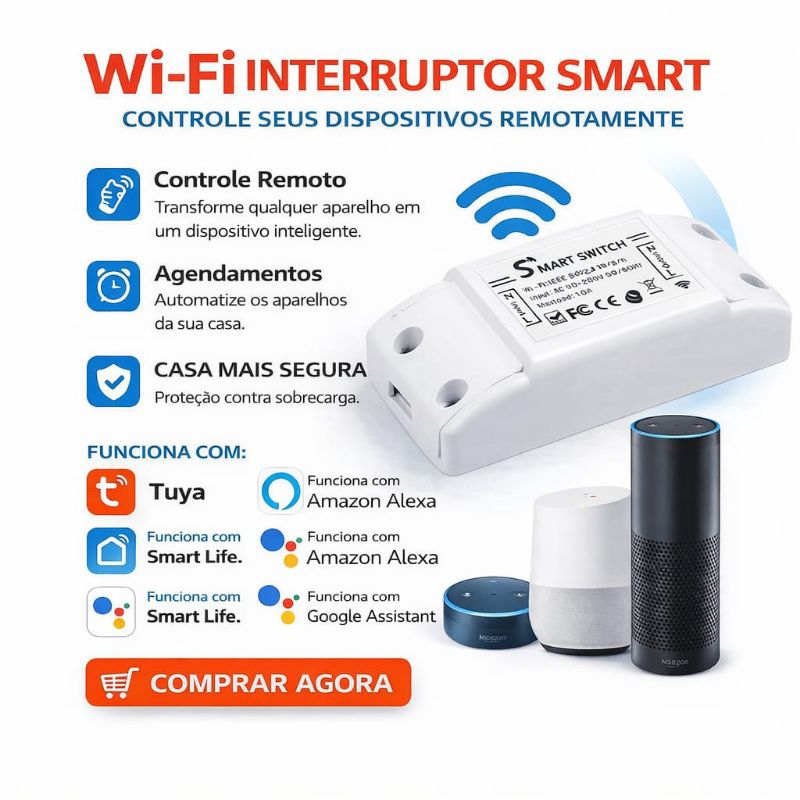 Interruptor Inteligente Wi-Fi Tuya – Controle por Celular Alexa e Google Liga/Desliga à Distância em Oferta na Shopee