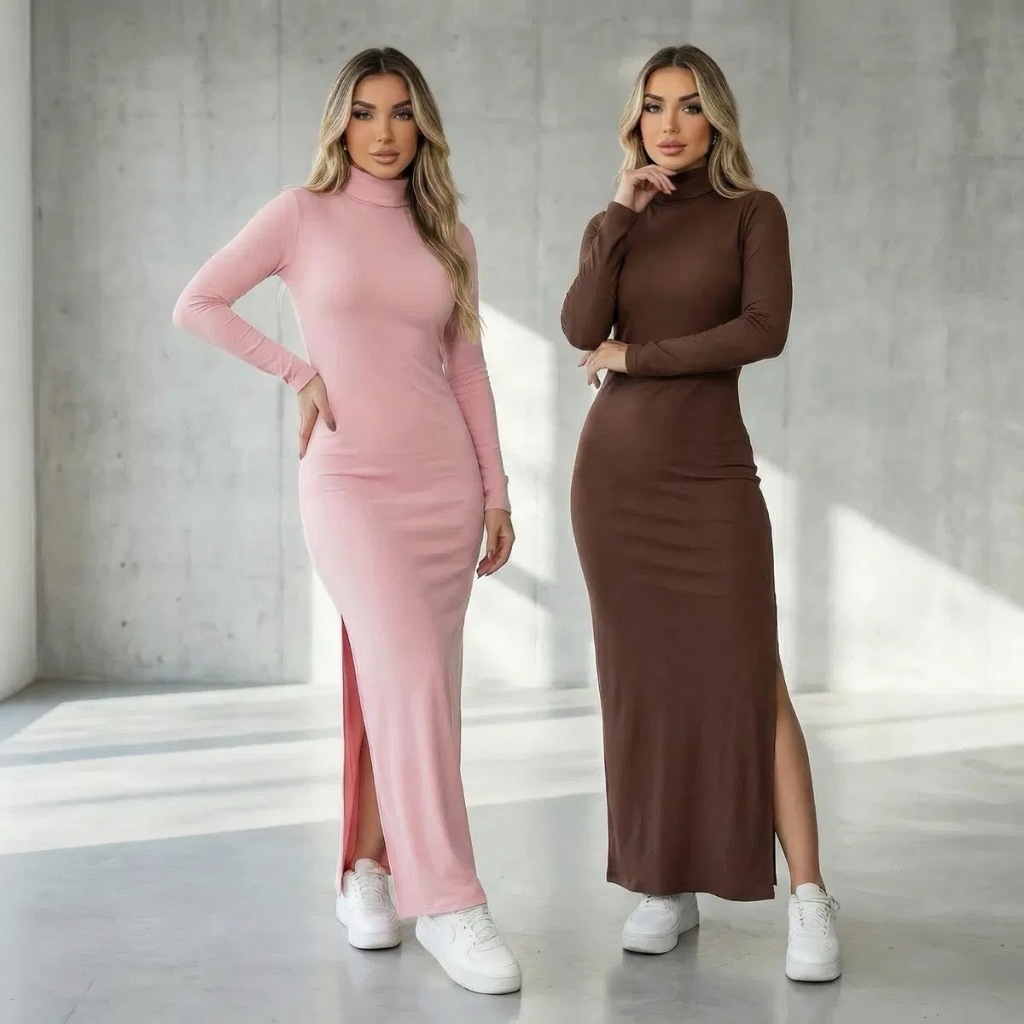 Kit 2 Ou 1 Unidade Vestido Cacharrel Longo Feminino Tubinho Manga Longa Gola Alta Ribana Canelada Inverno Frio