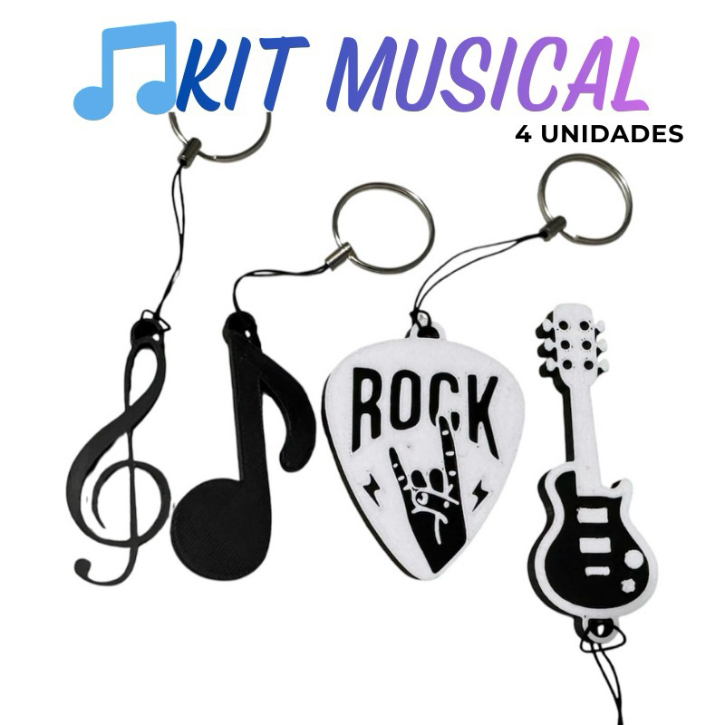 Kit 4 Chaveiros Musicais – Clave de Sol, Nota, Guitarra e Palheta Rock – Presente Criativo Música