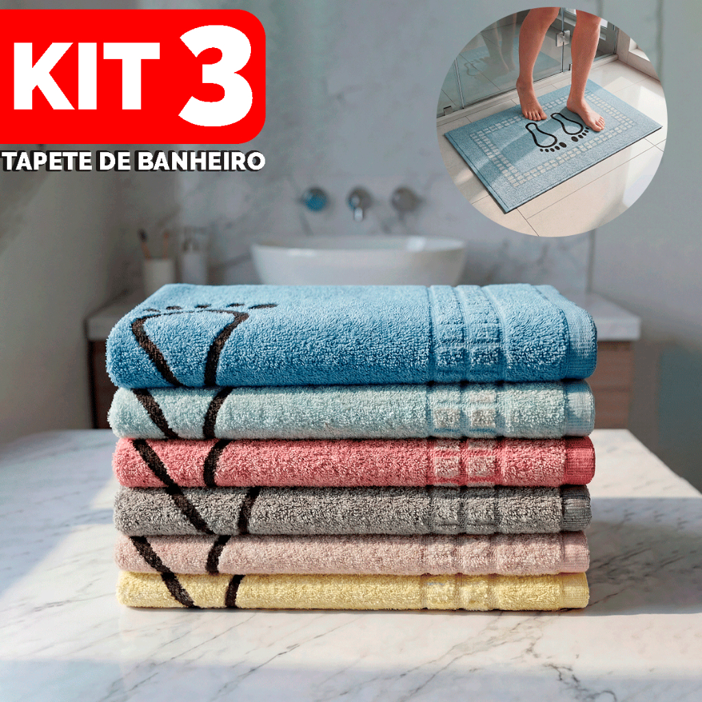 Kit 3 Tapete De Banheiro 45x70cm Pezinho Piso Luxo Atoalhado 100% Algodão Premium