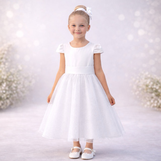 Vestido Midi Branco de Luxo com Tule Brilhante e Faixa Fixa Infantil Dama de Honra REF4092 em Oferta na Shopee