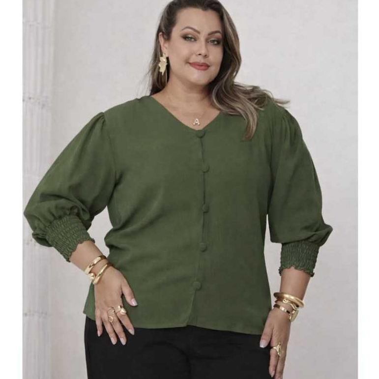 Blusa Feminina Plus Size Manga Longa Botões Elegante Moda Casual Social em Oferta na Shopee