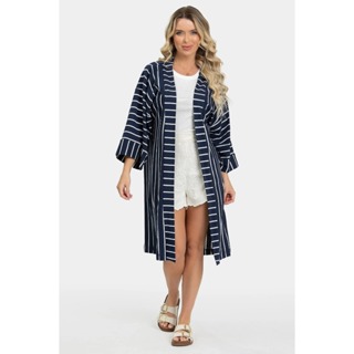 Kimono Feminino Alongado Listrado Algodão Poliéster Casual Sofisticado Leve Fluido em Oferta na Shopee