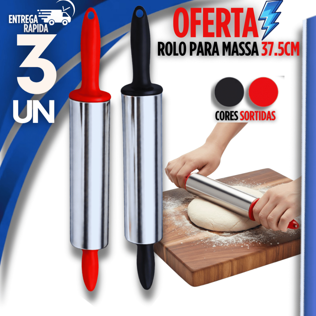 Conjunto Rolos de Massas Pão Pizza em Inox Giratório com Cabo em Plástico 37,5cm Casa Cozinha Rolos