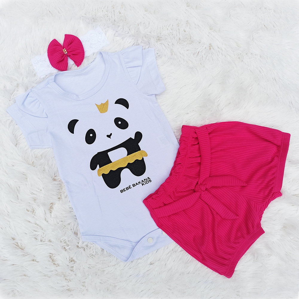 Body Bebê Menina 3 Peças + Shorts + Faixa RN 0–4 Meses Antialérgico Algodão Confortável + de 9 Mil Vendidos