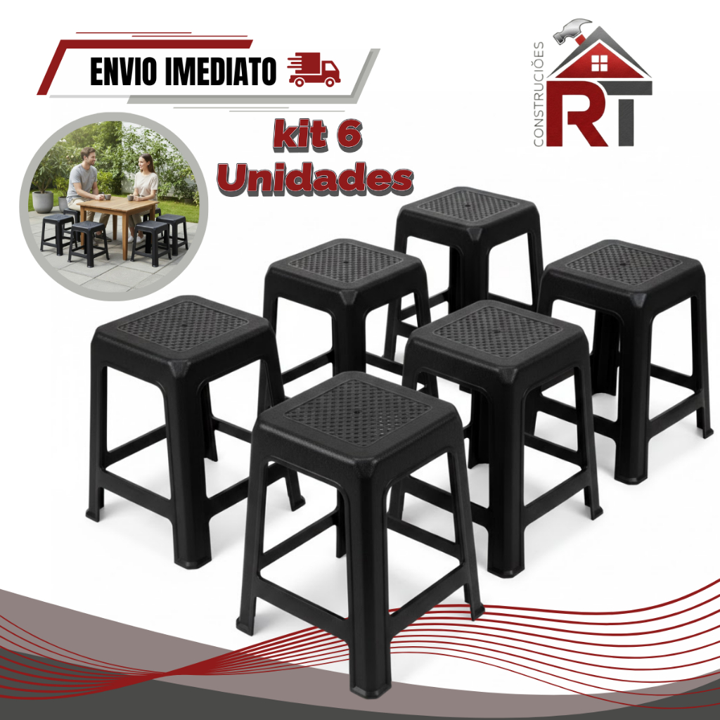Kit 6 Banquetas Pretas Plástica Reforçada | Banco Resistente Empilhável PROMOÇÃO em Oferta na Shopee