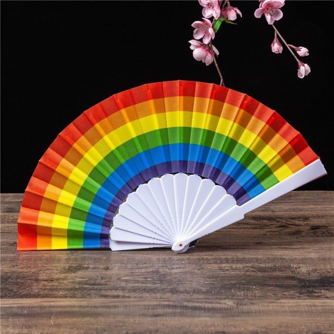 Leque Oriental Grande Arco Íris 41cm Colorido Resistente para Carnaval Festa LGBT Unidade