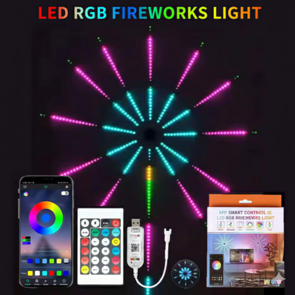 Fita Fogos de Artifício adesiva LED RGB | Luzes bluetooth com app e sensor musical iluminação casa