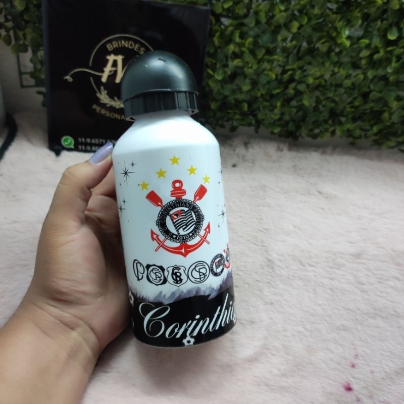 Garrafa Squeeze de alumínio do Corinthians - Personalizada com nome símbolos desenhos e personagens.