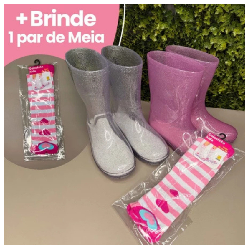 Galocha Infantil Impermeável Transparente Rosa ou Cristal