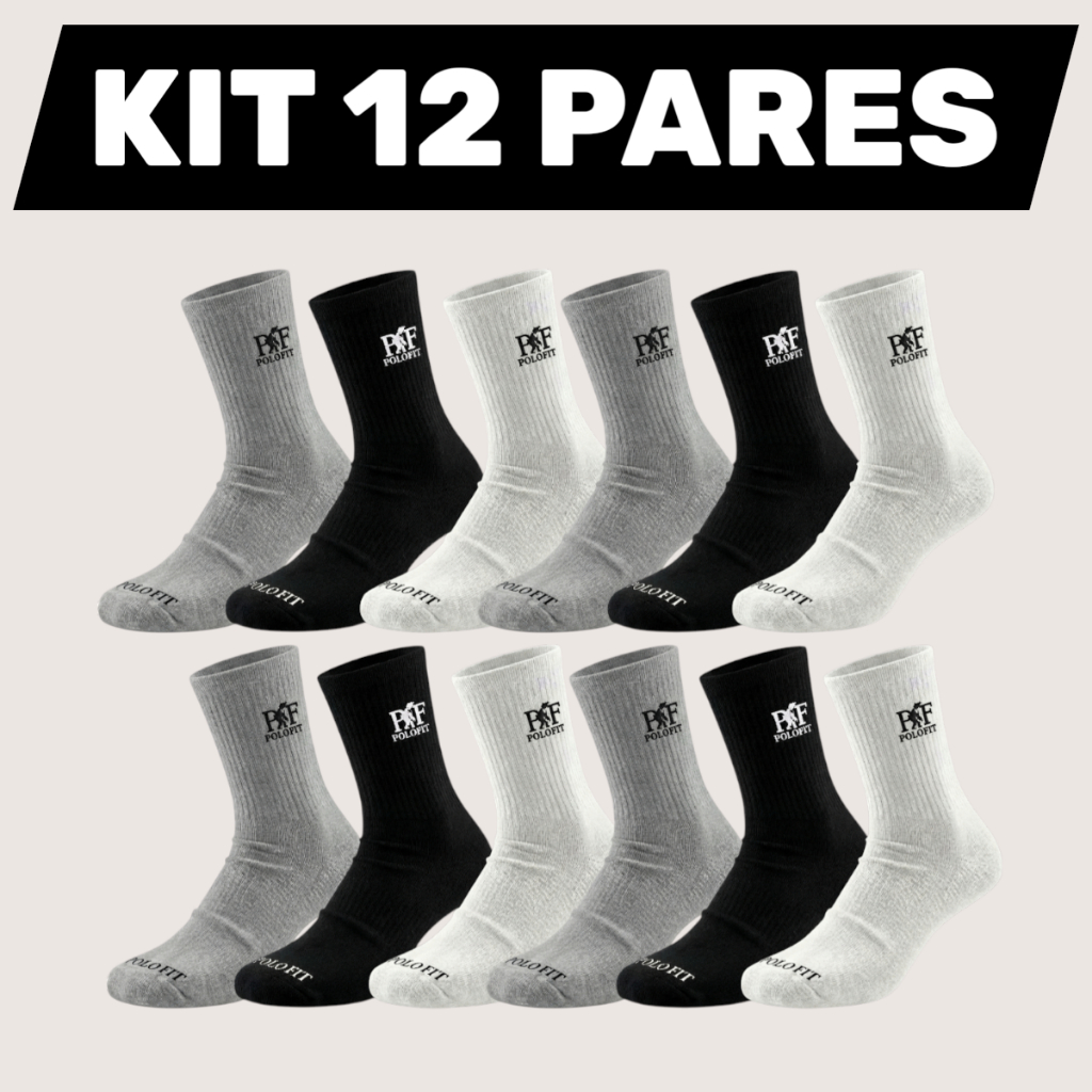 Kit 12 Pares Meia Cano Médio Alto Masculina Algodão Esportiva Atoalhada Unissex Polo Fit