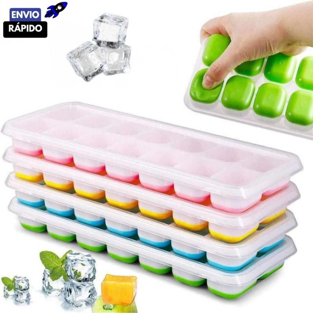 Kit 4/3/2 Peças Forma De Gelo Fundo Retangular 14 Cubos Sem Tampa em Silicone Livre de BPA em Oferta na Shopee