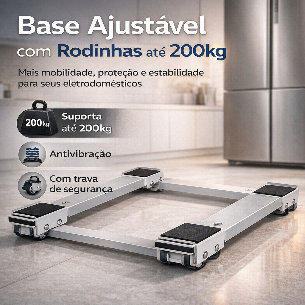 Suporte Base Rodinhas Carrinho Ajustavel Antiderrapante Geladeira Fogão  Maquina  Lavar Fácil