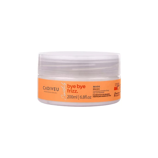 Pote de máscara capilar Cadiveu Professional Essentials Bye Bye Frizz de 200ml com tampa transparente e rótulo laranja