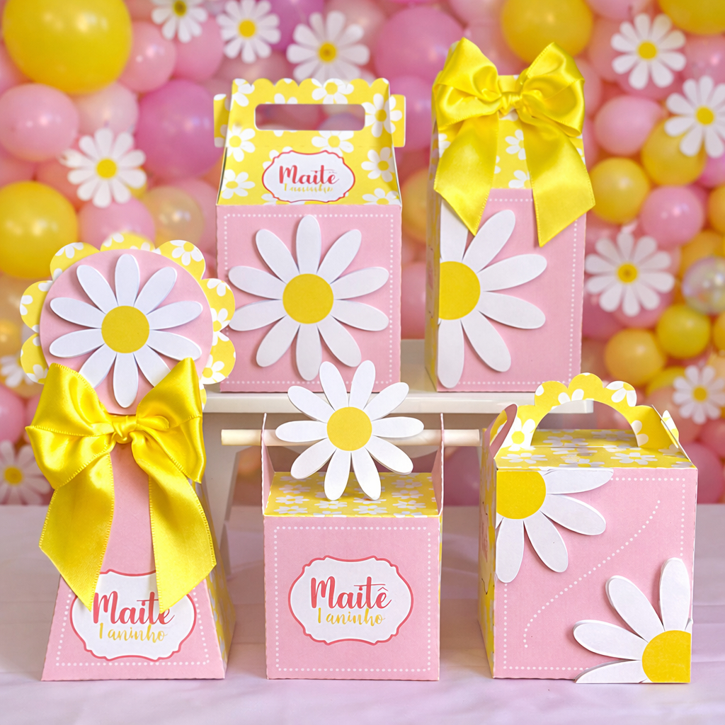 Kit Caixinhas Personalizadas Margaridas Rosa | Pegue e Monte | Lembrancinha Aniversário e Festa Infantil