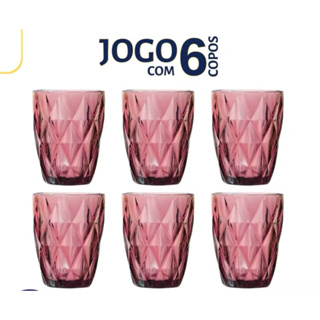 Kit Jogo 6 Copos Vidro Diamond Resistente Agua Suco Mesa Posta Roxo Lilas Diamond Rainbow 280ml em Oferta na Shopee