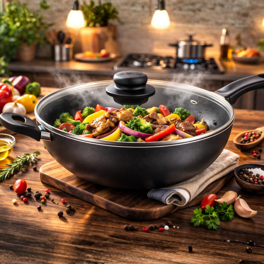 Imagem Frigideira Wok 32cm Cozillar Alumínio Reforçado com Tampa de Vidro Antiaderente