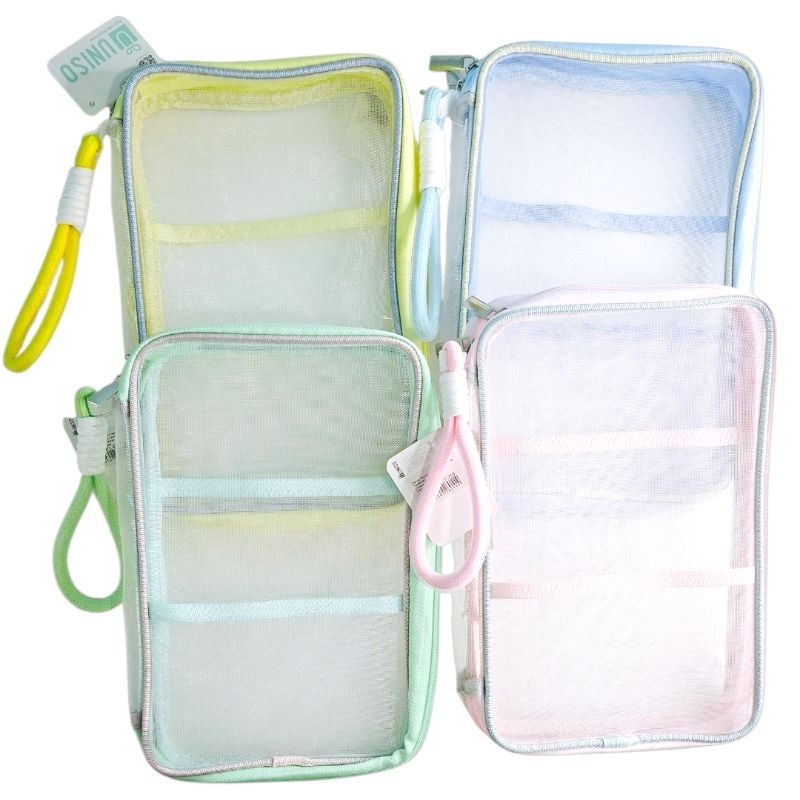 Case Uniso telinha (mesh) Transparente com Zíper e Alça – Estojo Organizador Escolar Multiuso Maquiagem Pastel Original