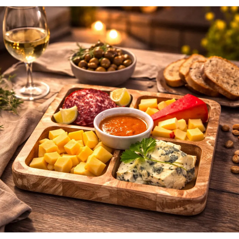 Conjunto Kit Petisqueira 4 em 1 Bandeja Madeira Quadrada Aperitivo Petisco Tabua de Frios Servir Queijo Frutas Churrasco
