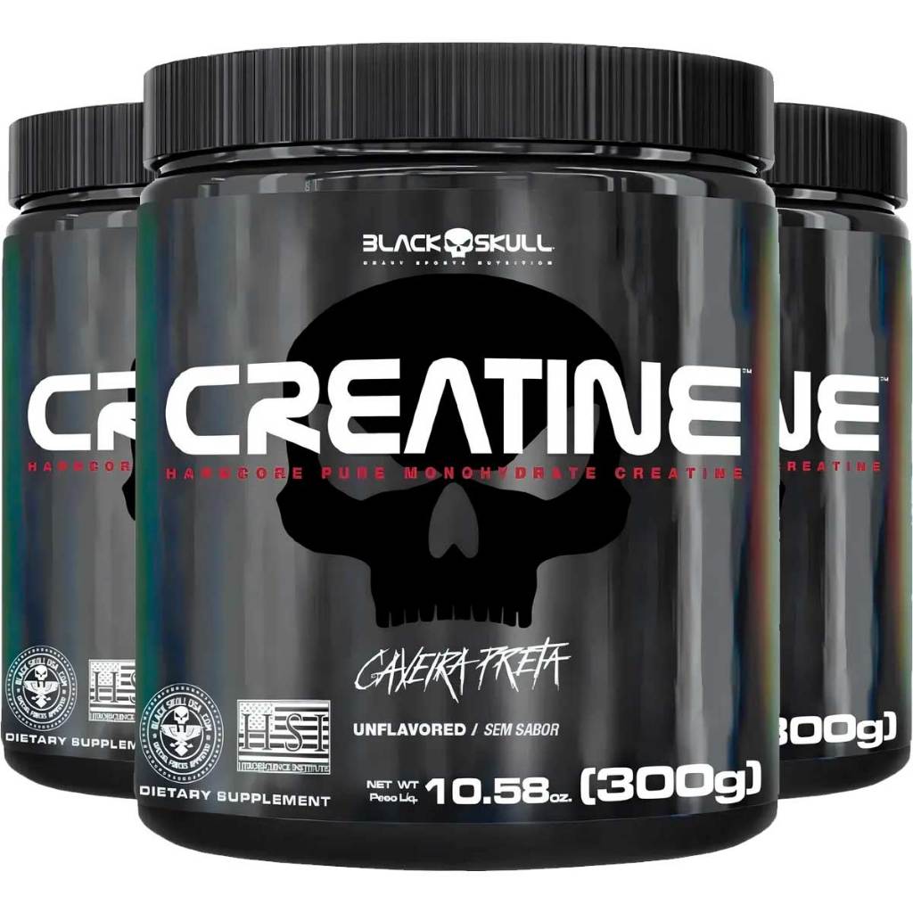 Creatina Black Skull 100% Pura 300g - Kit 3 Potes Sem Sabor
