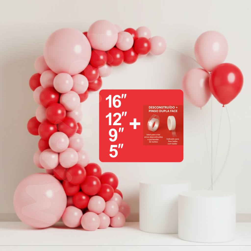 Kit 100 Pçs Arco Balões Desconstruído Vermelho e Rosa Claro Tamanhos N°16, N°12, N°9, N°5