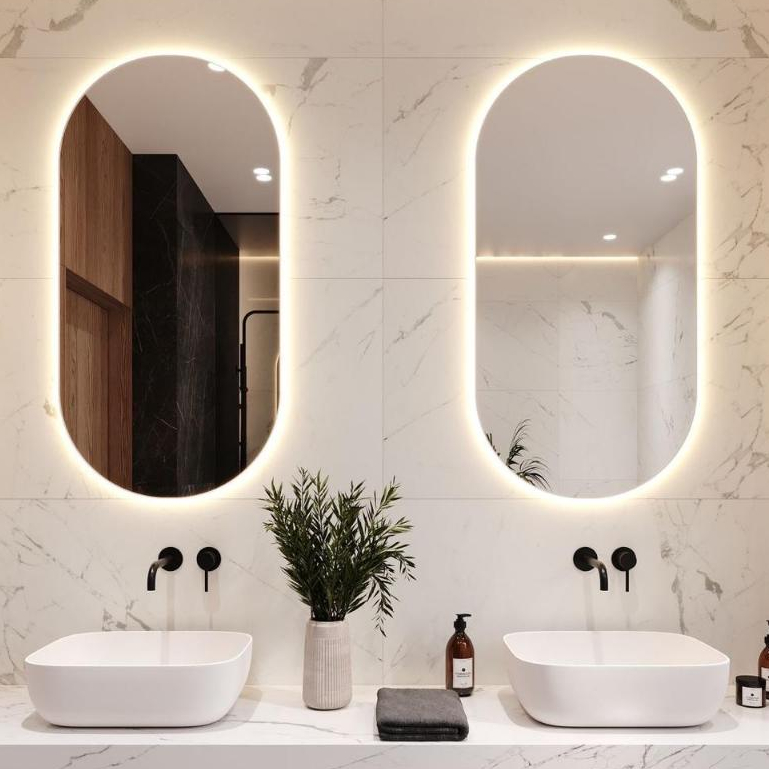 Kit 2 Espelhos Grande De Parede Oval Com Led Sem fio Orgânico Banheiro Sala Quarto Luz Quente E Fria