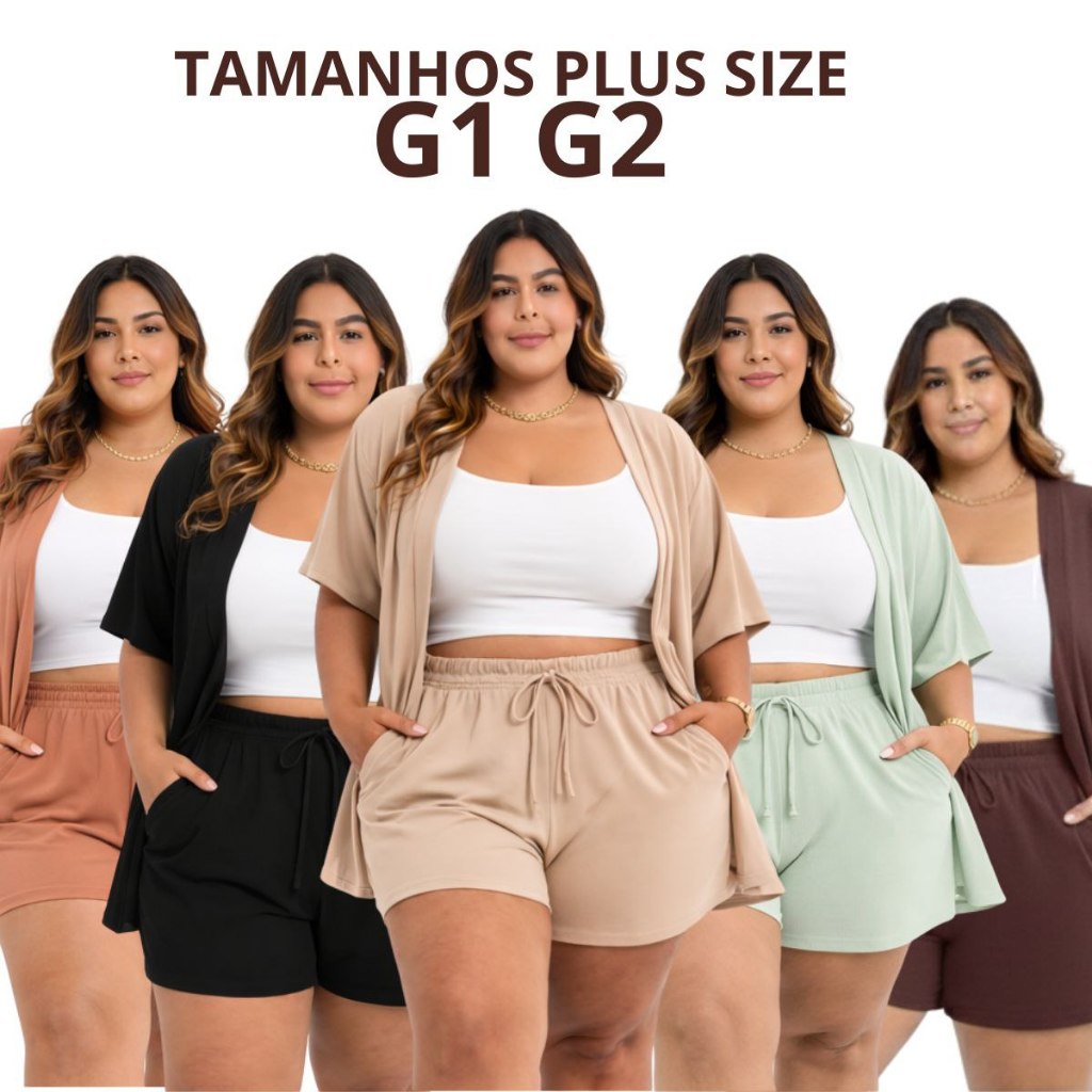 CONJUNTO KIMONO E SHORT PLUS SIZE LUXUOSO  VERSATIL COM ELASTICO NA CINTURA MODA PRAIA VERÃO 2026